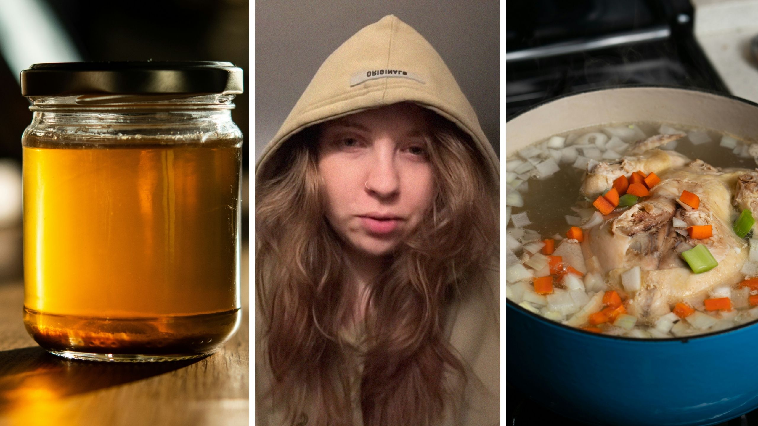 chicken broth (l) woman shares chicken broth and stock facts (c) chicken stock (r)