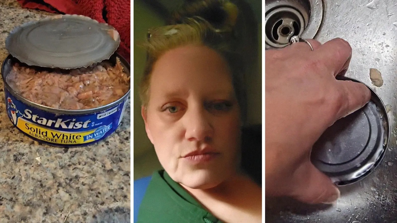 starkist tuna (l) woman shares purchase issue (c) woman opening her tuna (r)