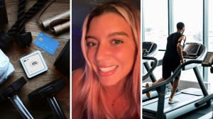 credit card payment (l) woman shares ex issues (c) man at gym (r)