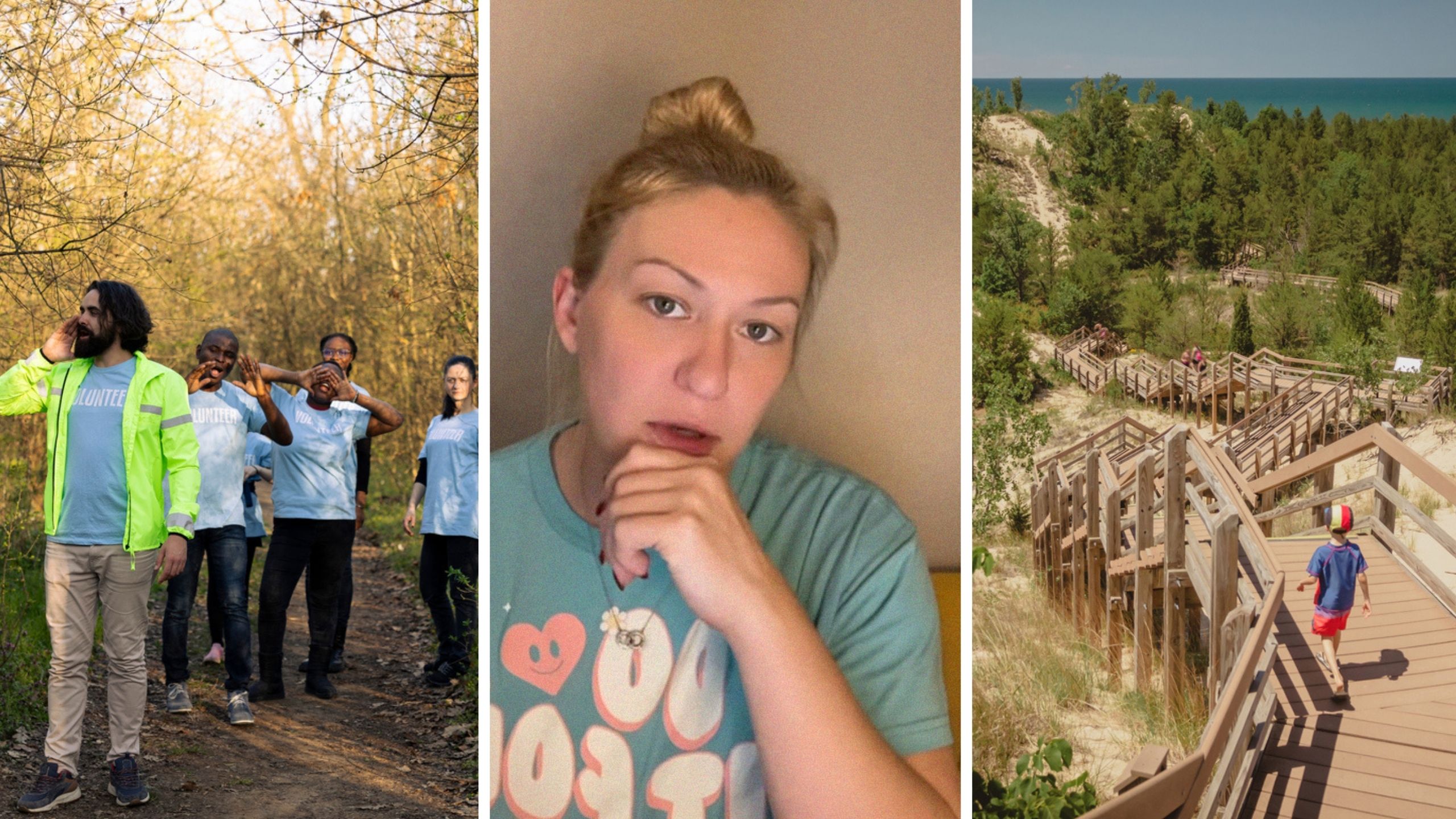 search party for missing person (l) woman shares missing persons information (c) little boy at national park (r)