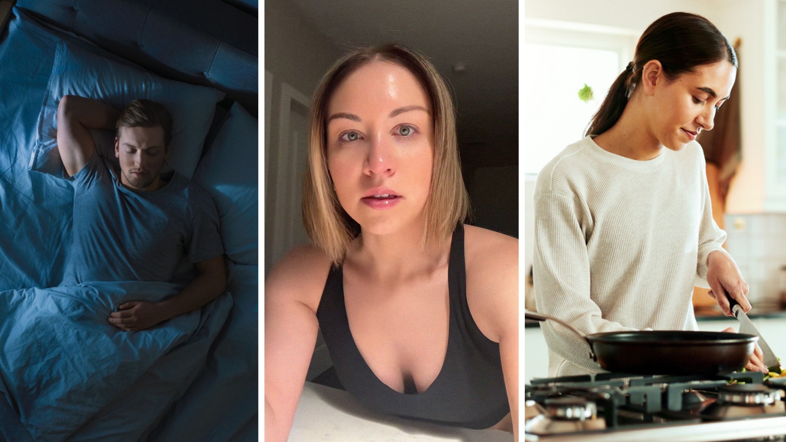 man laying in bed (l) woman shares dating experience (c) woman cooking eggs (r)
