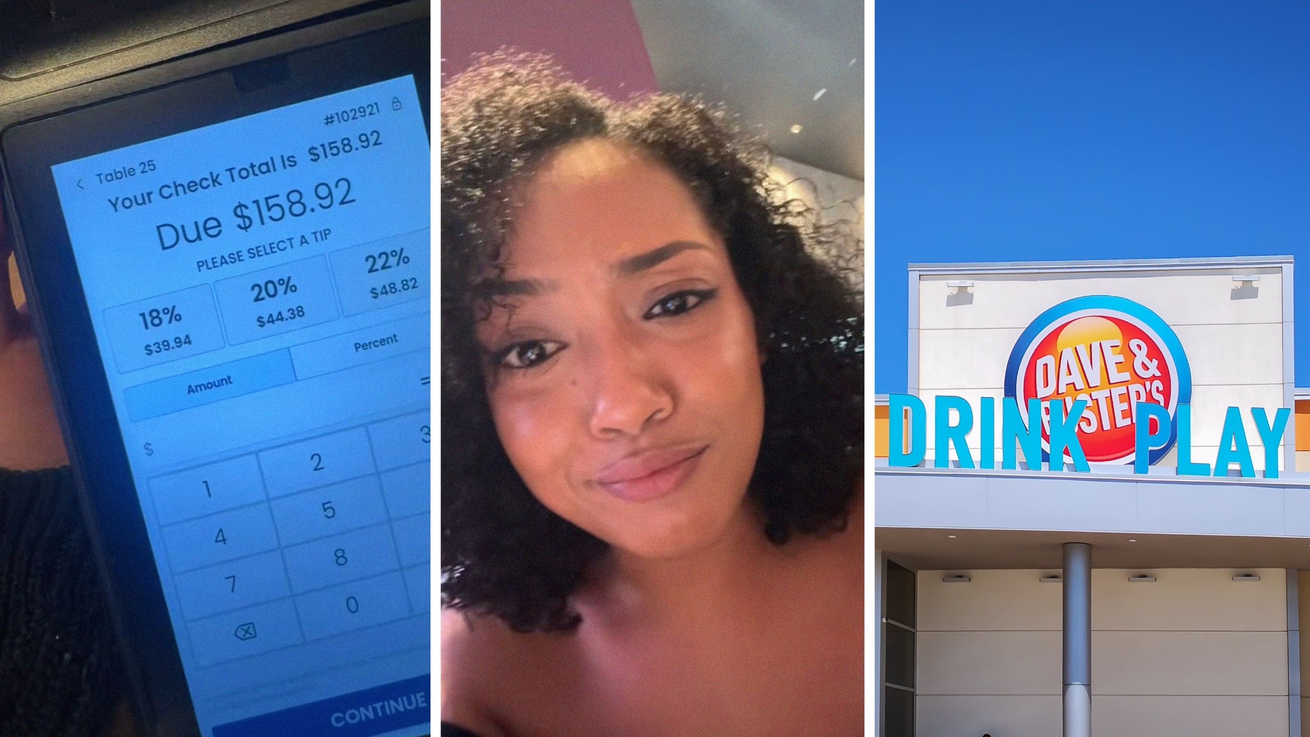 check out kiosk (l) woman shares dave & busters experience (c) Dave & Busters front entrance (r)