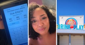 check out kiosk (l) woman shares dave & busters experience (c) Dave & Busters front entrance (r)