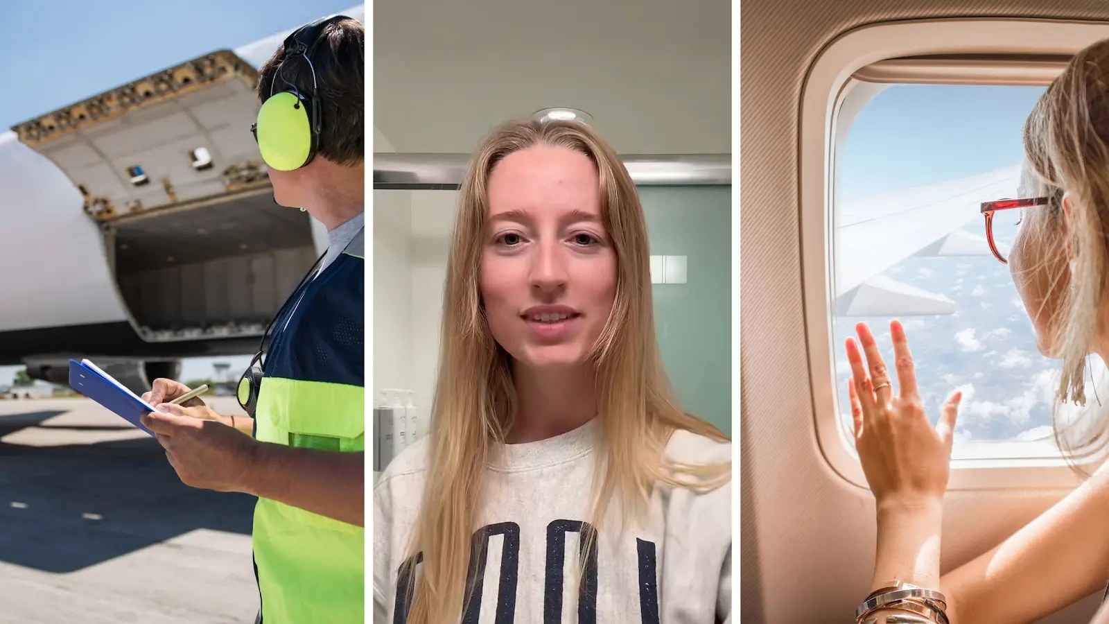men loading the plane (l) woman shares flight surprise (c) woman looks outside plane window (r)