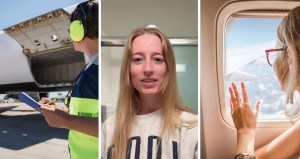 men loading the plane (l) woman shares flight surprise (c) woman looks outside plane window (r)