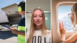 men loading the plane (l) woman shares flight surprise (c) woman looks outside plane window (r)