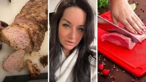 cooked pork loin (l) woman shares cooking encounter (c) cooking meat in kitchen (r)