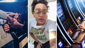 getting arrested (l) woman shares casino experience (c) casino machine (r)