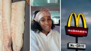 frozen fish fillet (l) woman shares food purchase (c) McDonalds drive thru (r)