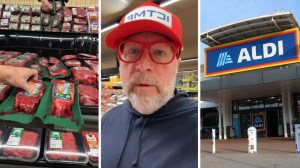 shelf of ribeyes (l) man hares which ribeye is better (c) aldi store front (r)