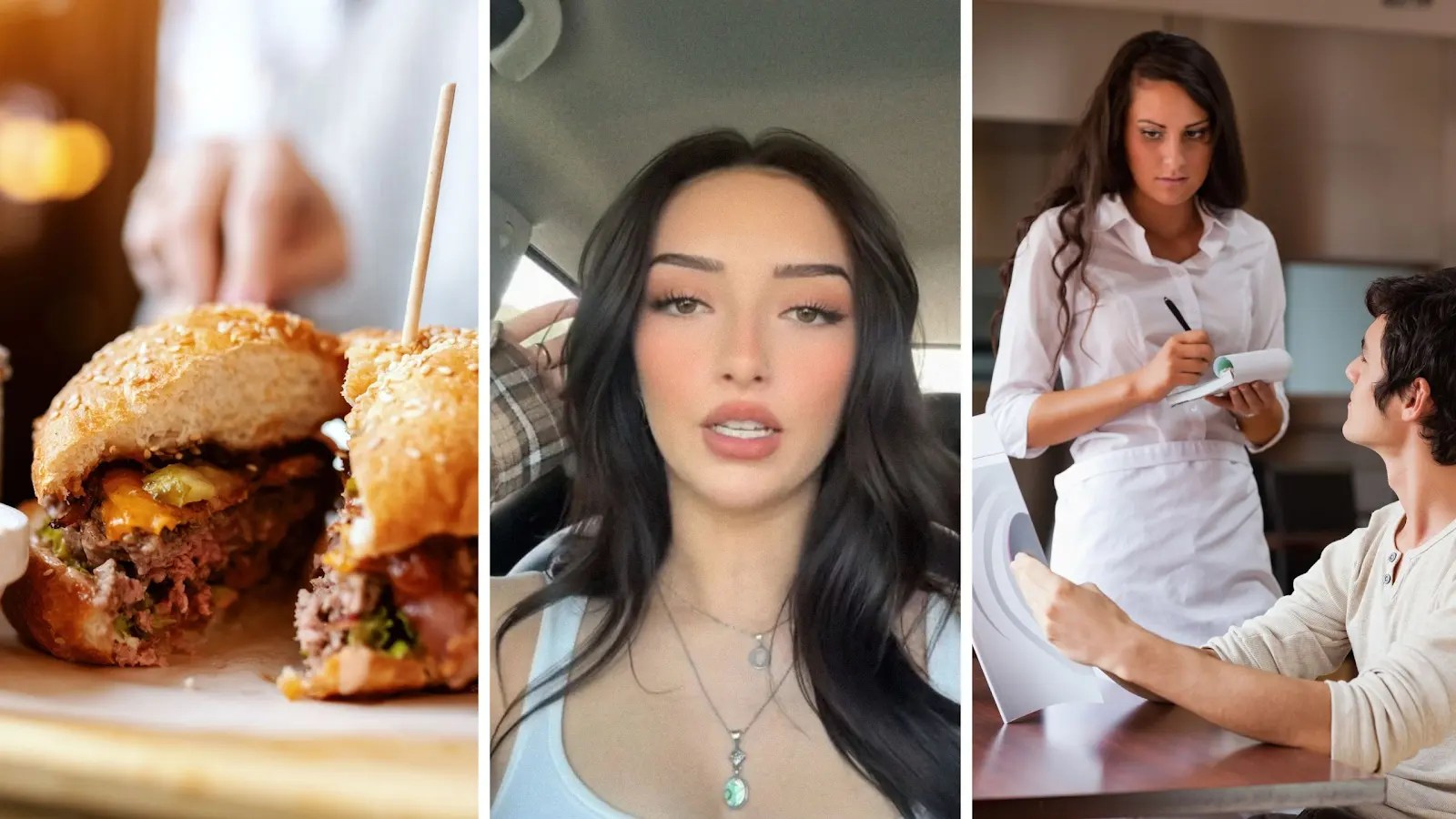 burger cut in half (l) woman shares work experience (c) woman taking mans food order (r)