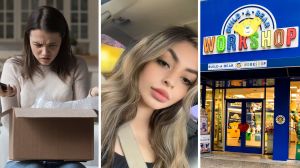 woman opening package (l) woman shares order issue (c) build-a-bear storefront (r)