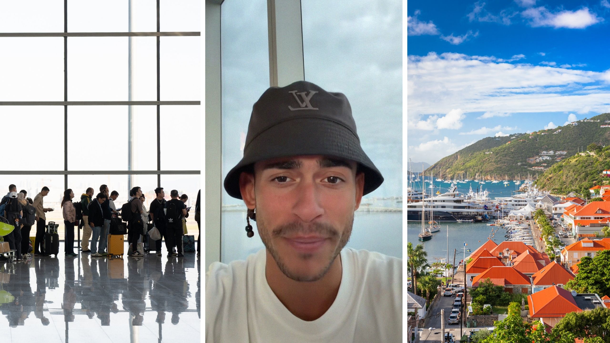 group of people stranded at airport (l) man shares the story of how a group got stranded at St Barts (c) view of St barts (r)