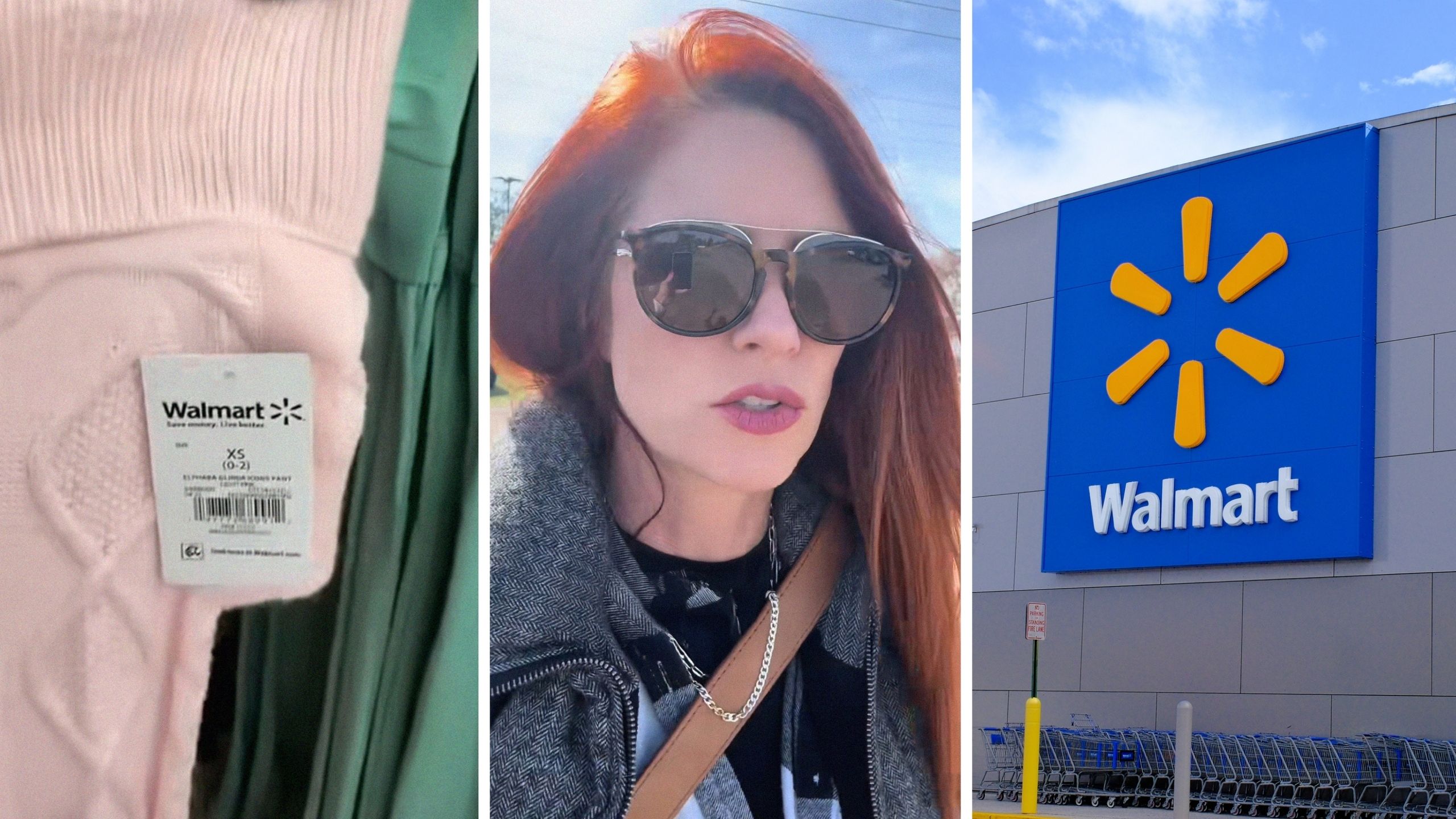 walmart price tag (l) woman shares walmart experience (c) walmart store front (r)