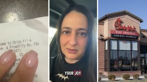 woman looks at her receipt (l) woman shares chick-fil-a concern (c) chick-fil-a store front (r)
