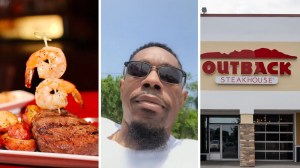 steak and shrimp meal (l) man shares food order issue (c) Outback steakhouse entrance (r)