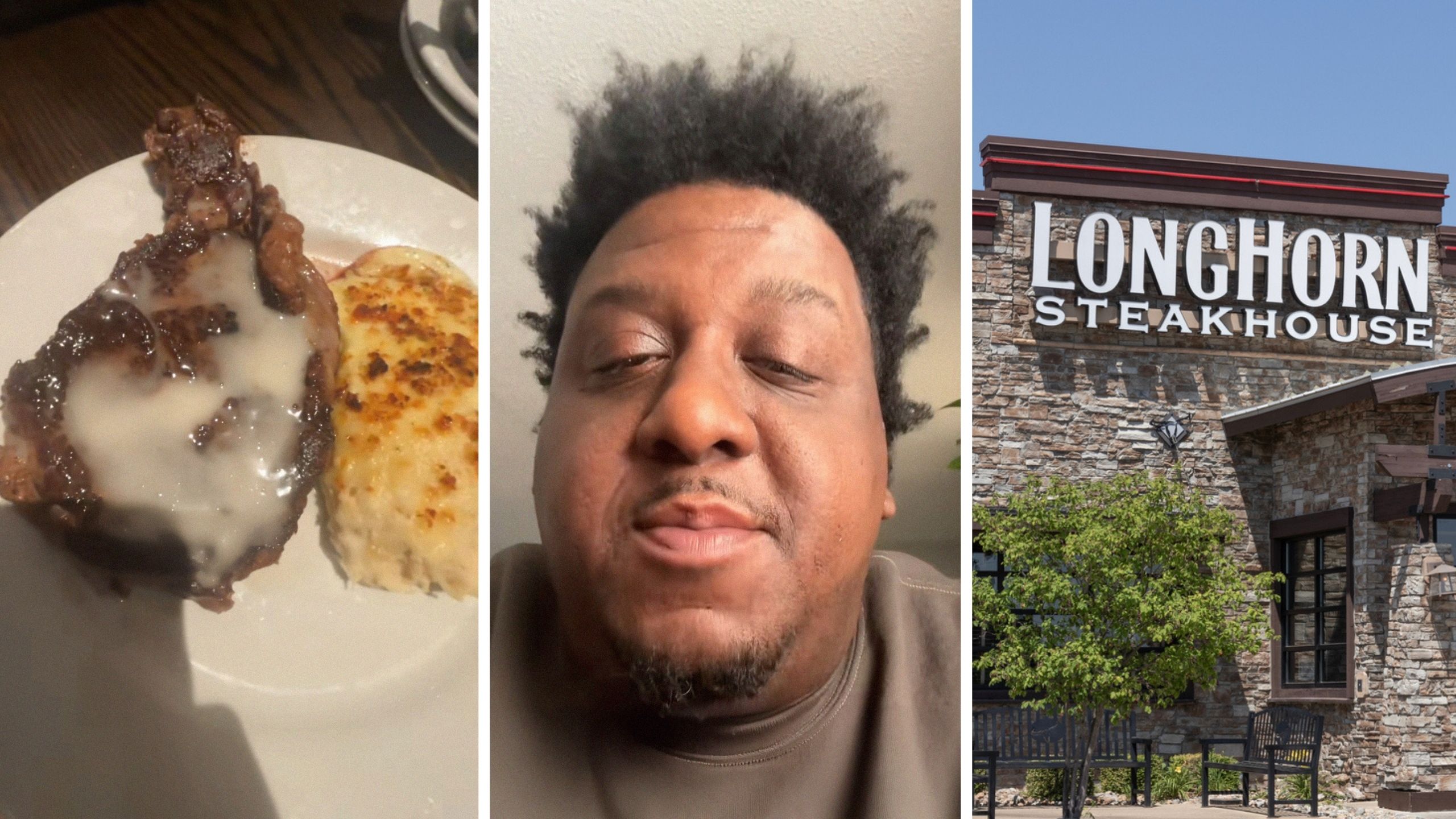 steak and potatoes (l) man shares food order (c) longhorn steakhouse entrance (r)