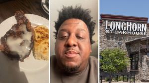 steak and potatoes (l) man shares food order (c) longhorn steakhouse entrance (r)