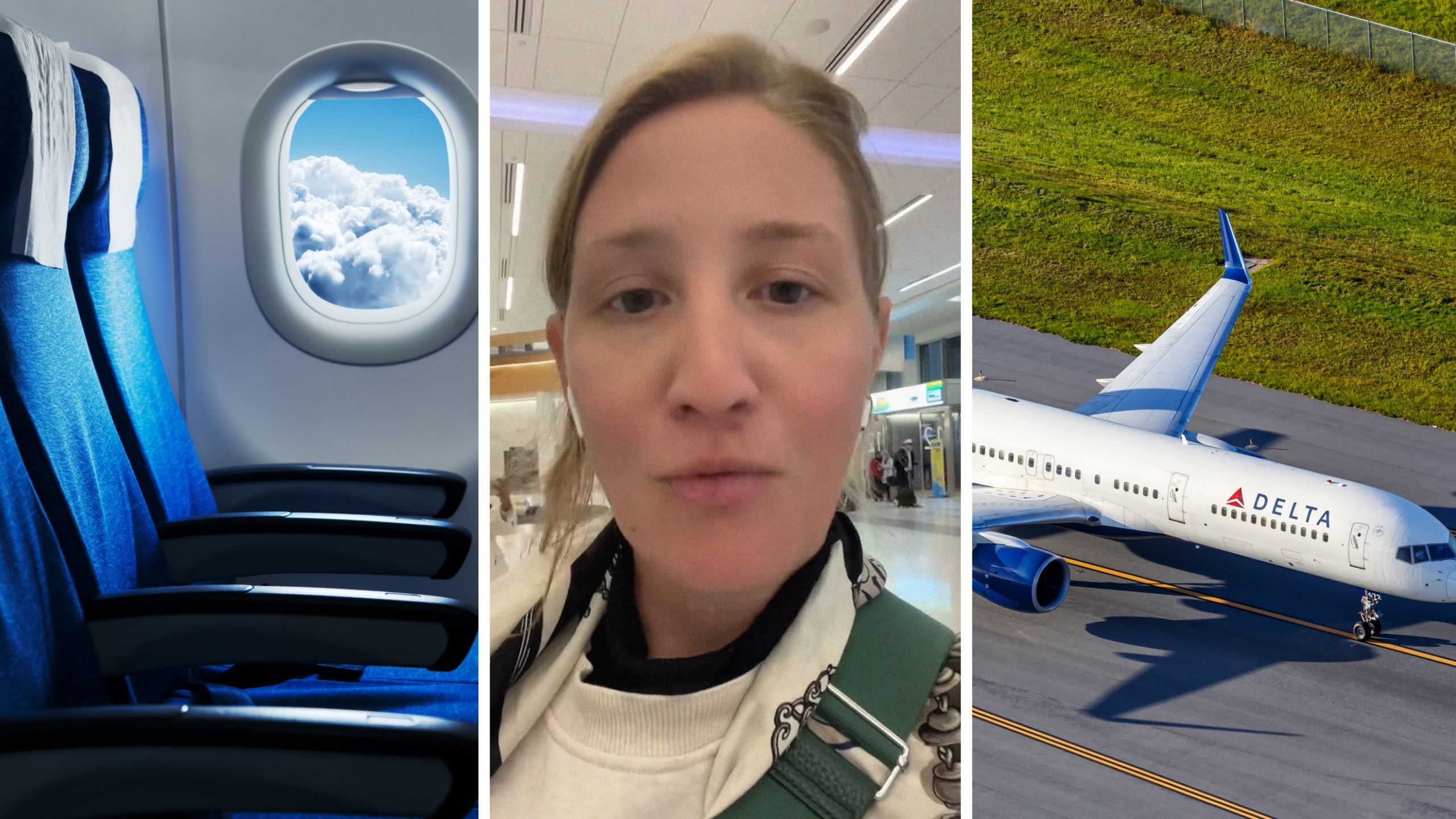 plane seat (l) woman shares flight issue (c) delta airline (r)