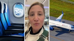 plane seat (l) woman shares flight issue (c) delta airline (r)