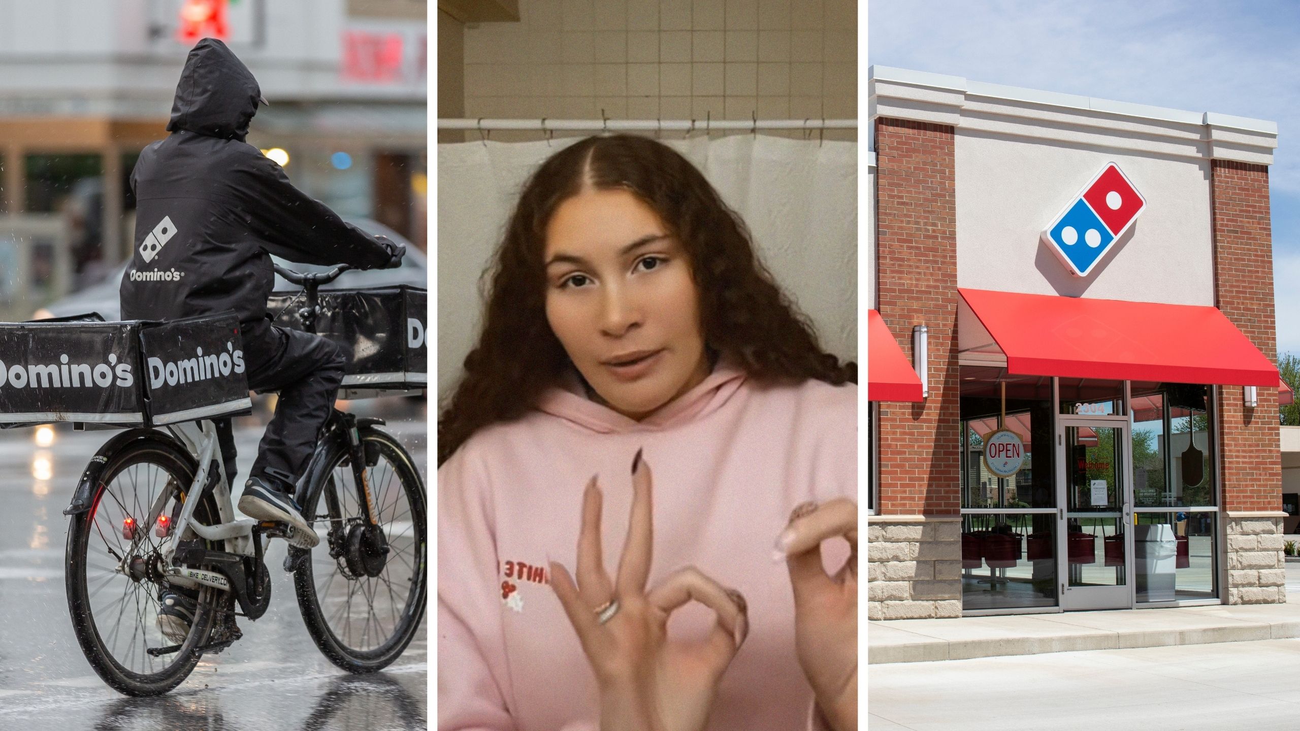 pizza delivery (l) woman shares Domino's order issue (c) domino's storefront (r)