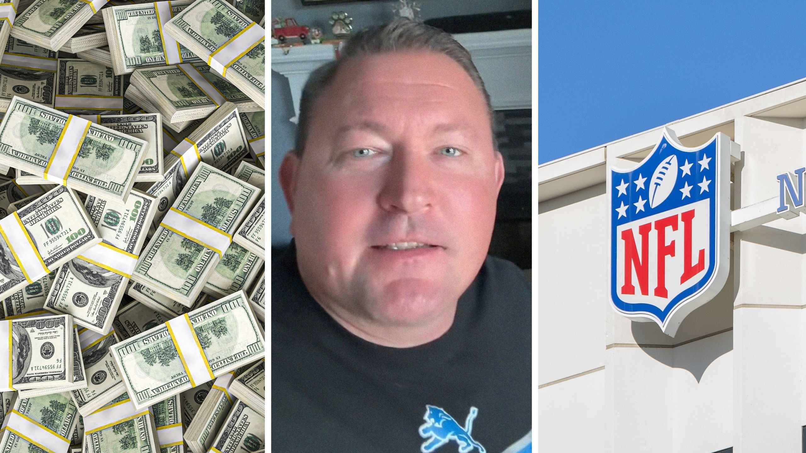 gambling money (l) man shares his nfl view (c) nfl stadium (r)