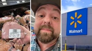 packaged ham (l) man shares walmart ham issue (c) walmart storefront (r)