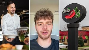 server laughing with customers (l) man shares chili's experience (c) chili's entrance (r)