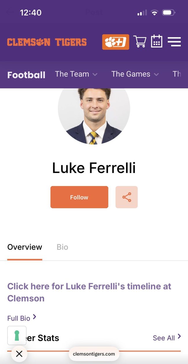 Luke Ferrelli Clemson bio
