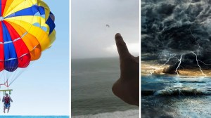man parasailing (l) finger pointing (c) storm coming (r)