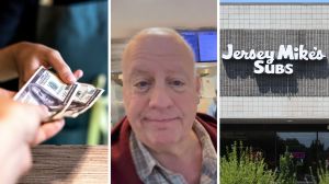 man wanting to pay in cash (l) man shares jersey mike's issue (c) jersey mike's storefront (r)