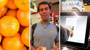 lots of oranges (l) man shares airport purchase experience (c) self- checkout machine (r)