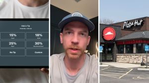 tipping section (l) man shares pizza hut issue (c) pizza hut entrance (r)