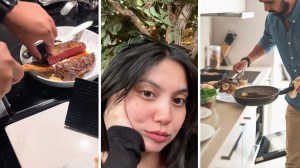 steak cut in half (l) woman shares eating with her man experience (c) man cooking steak (r)