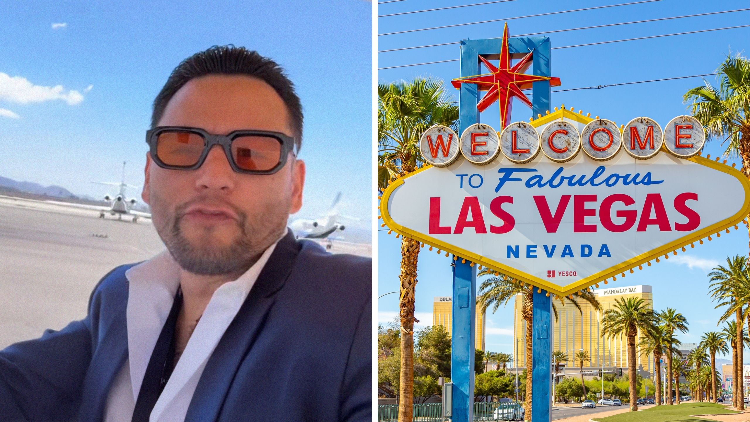 man shares las vegas experience (l) Las vegas welcome sign (r)