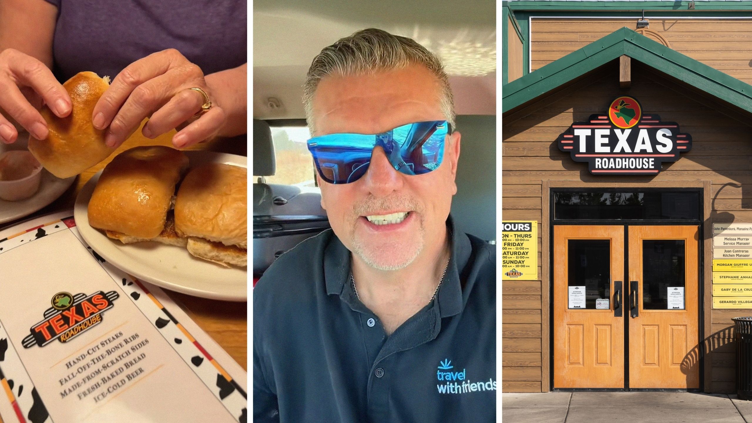 texas roadhouse bread rolls (l) man shares bread rolls hack (c) Texas roadhouse entrance (r)