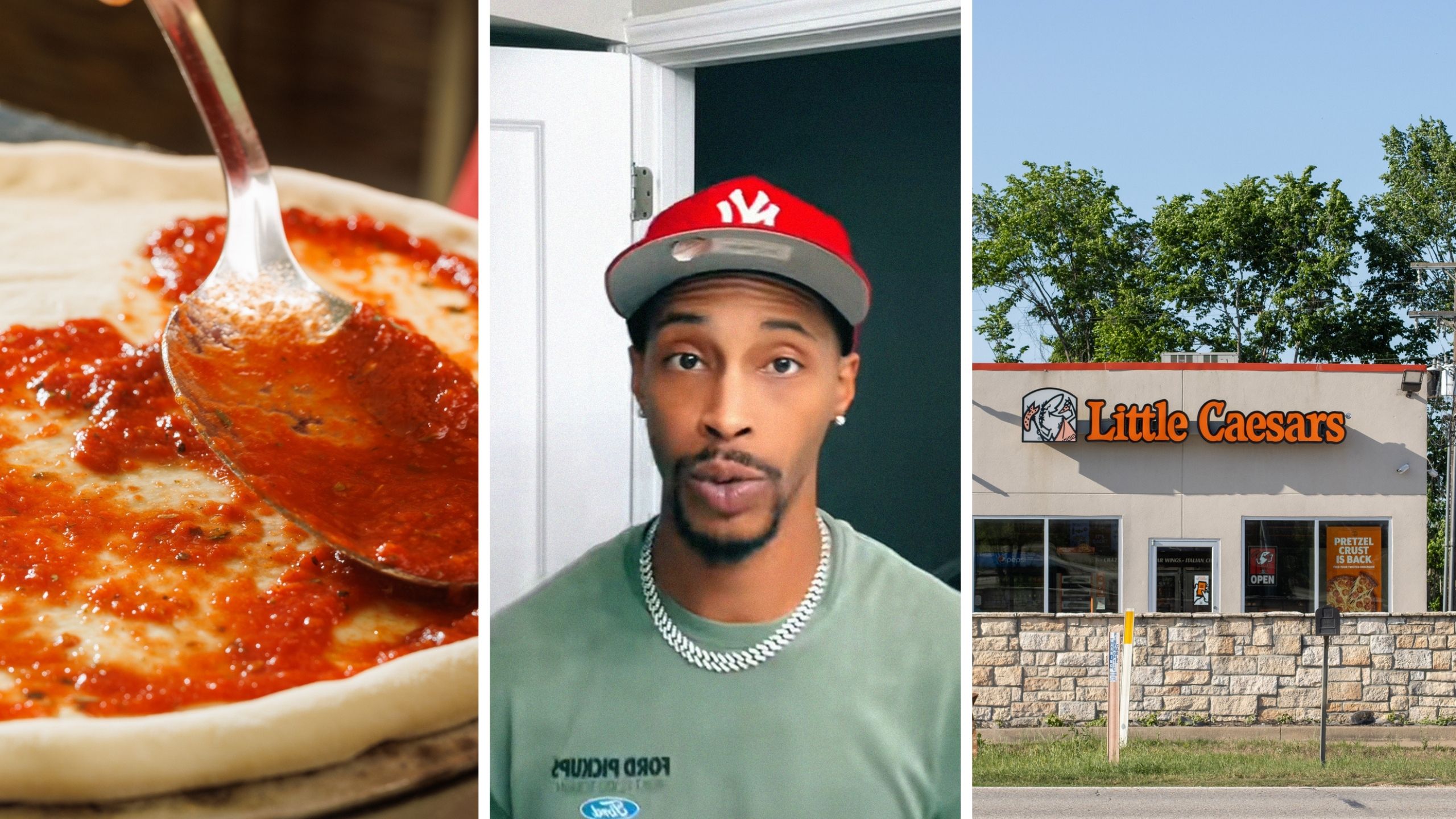 pizza sauce (l) man warns people about little caesar's (c) little caesar's entrance (r)