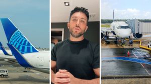 united airlines aircraft (l) man shares traveling issue with united airlines (c) plane still parked (r)