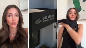 woman shares restaurant experience (l) sugarfish entrance (c) woman wraps her scarf around her neck (r)