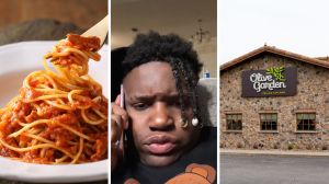 never ending pasta (l) man shares work experience (c) olive garden entrance (r)