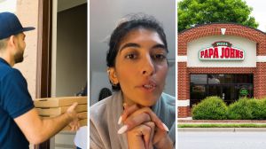 pizza delivery (l) woman shares pizza order issue (c) papa john's entrance (r)