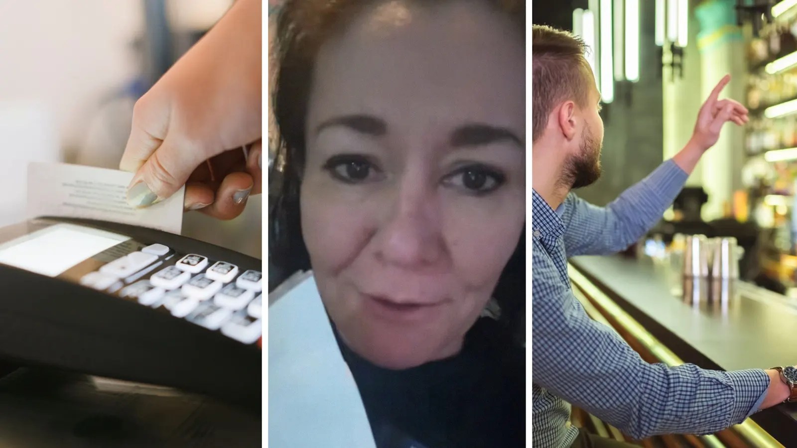 swiping credit card (l) woman shares work experience (c) man asking for his tab (r)