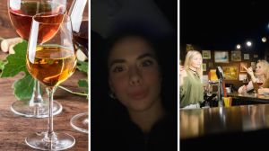 a glass of cabernet wine (l) woman shares work experience (c) bar tender serving woman (r)