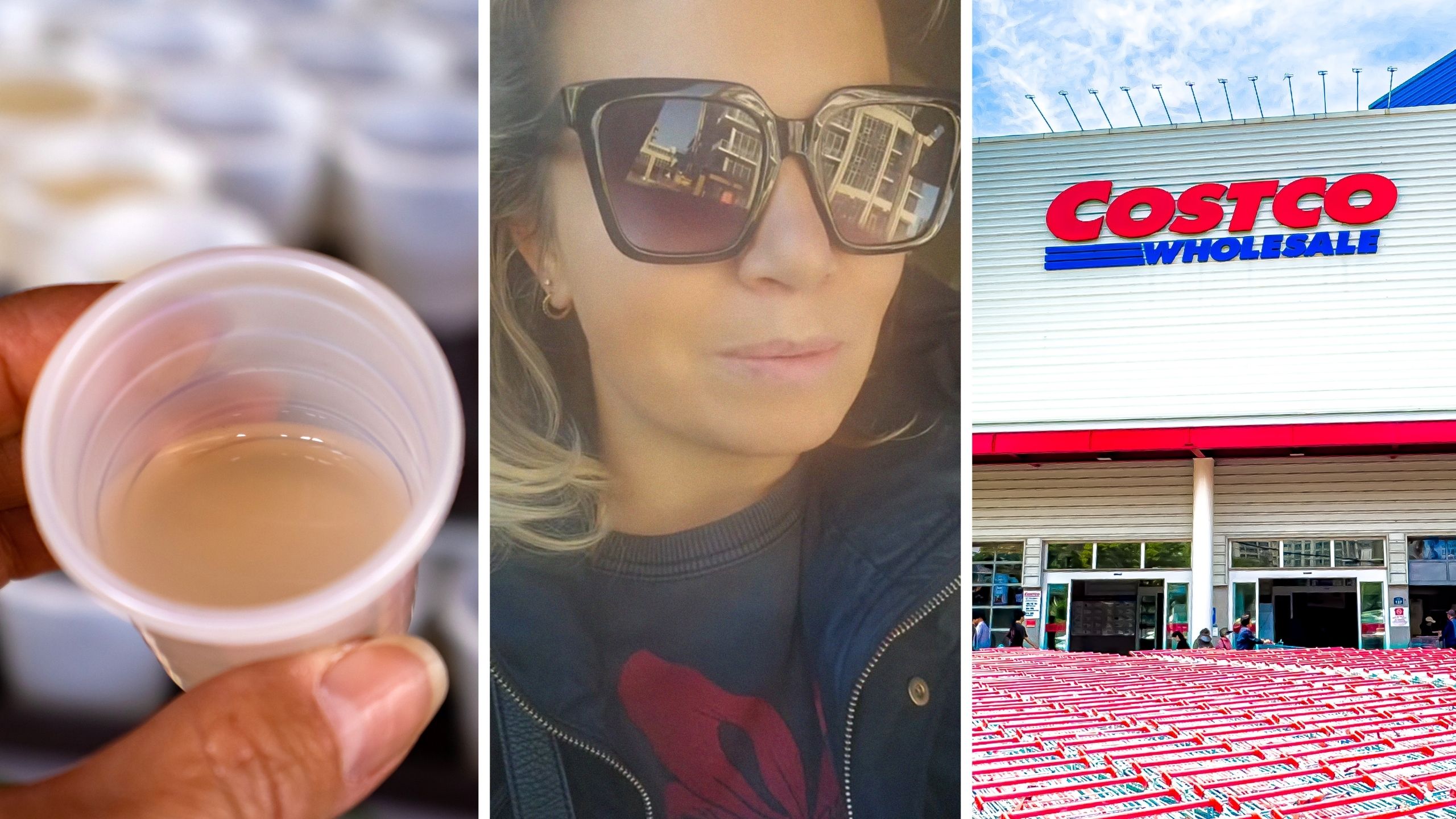 free samples (l) woman shares costco encounter (c) costco store front (r)