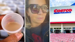 free samples (l) woman shares costco encounter (c) costco store front (r)