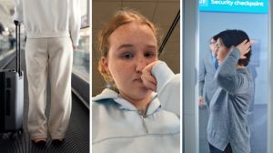 woman in comfy airport outfit (l) woman shares airport issue (c) tsa check-up (r)