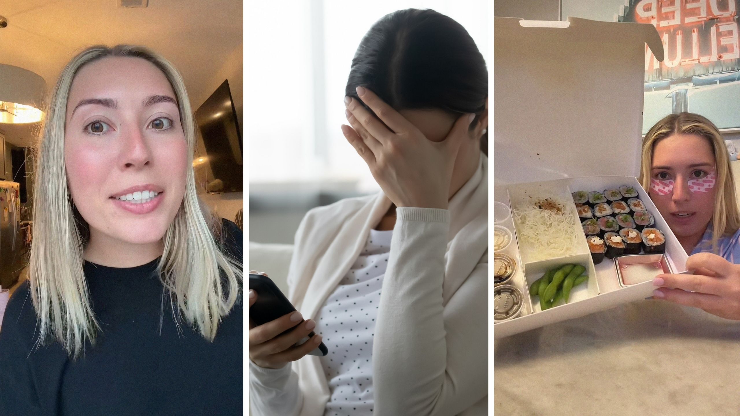 woman shares restaurant conflict (l) woman gets threatening messages (c) woman holding up food order and gives review (r)