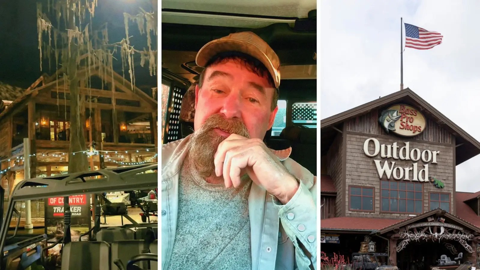 rooms in upper level (l) man shares bass pro shop encounter (c) Bass pro shop entrance (r)