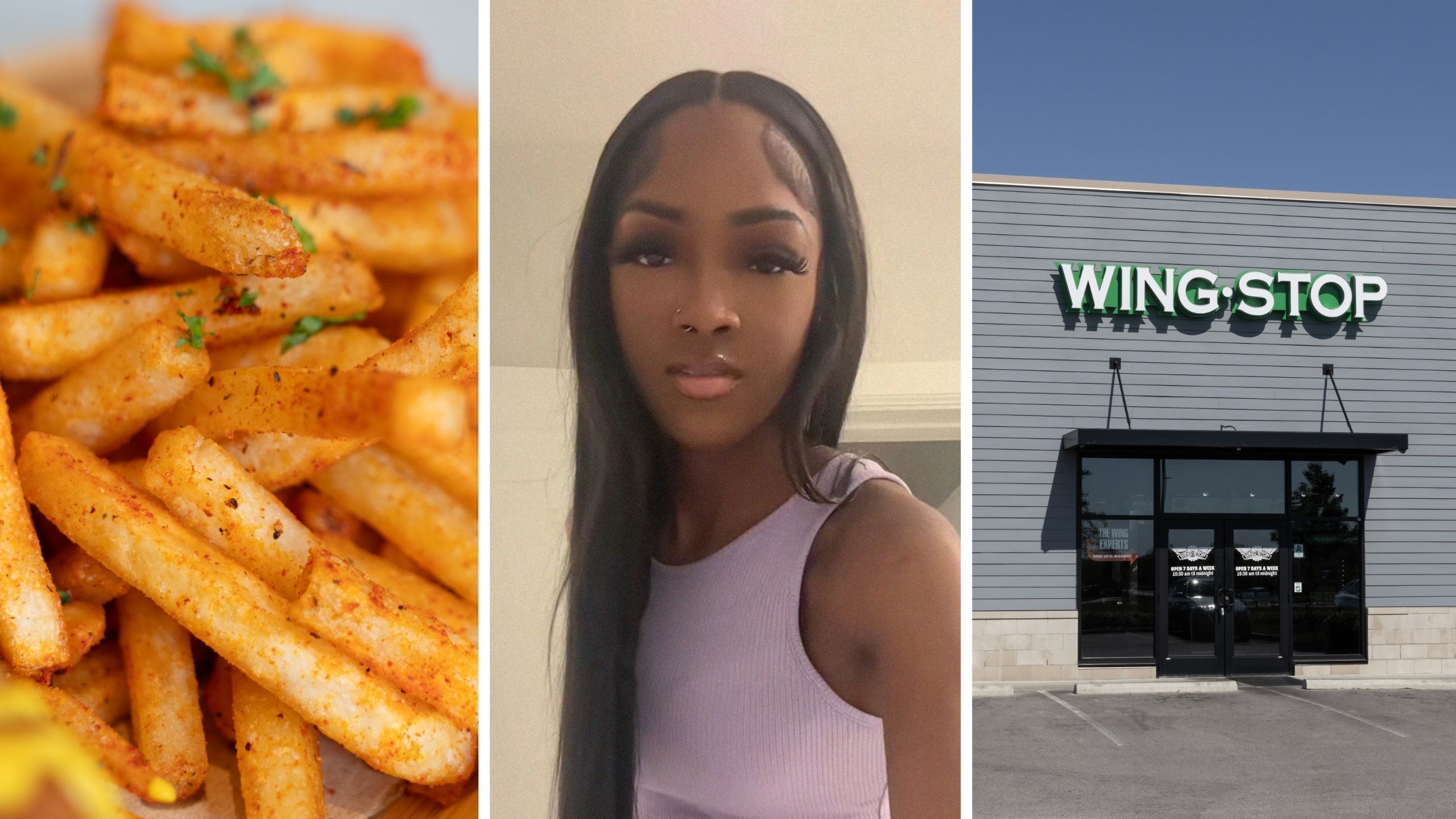 crispy fries (l) woman shares food order issue (c) Wing stop entrance (r)