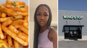 crispy fries (l) woman shares food order issue (c) Wing stop entrance (r)